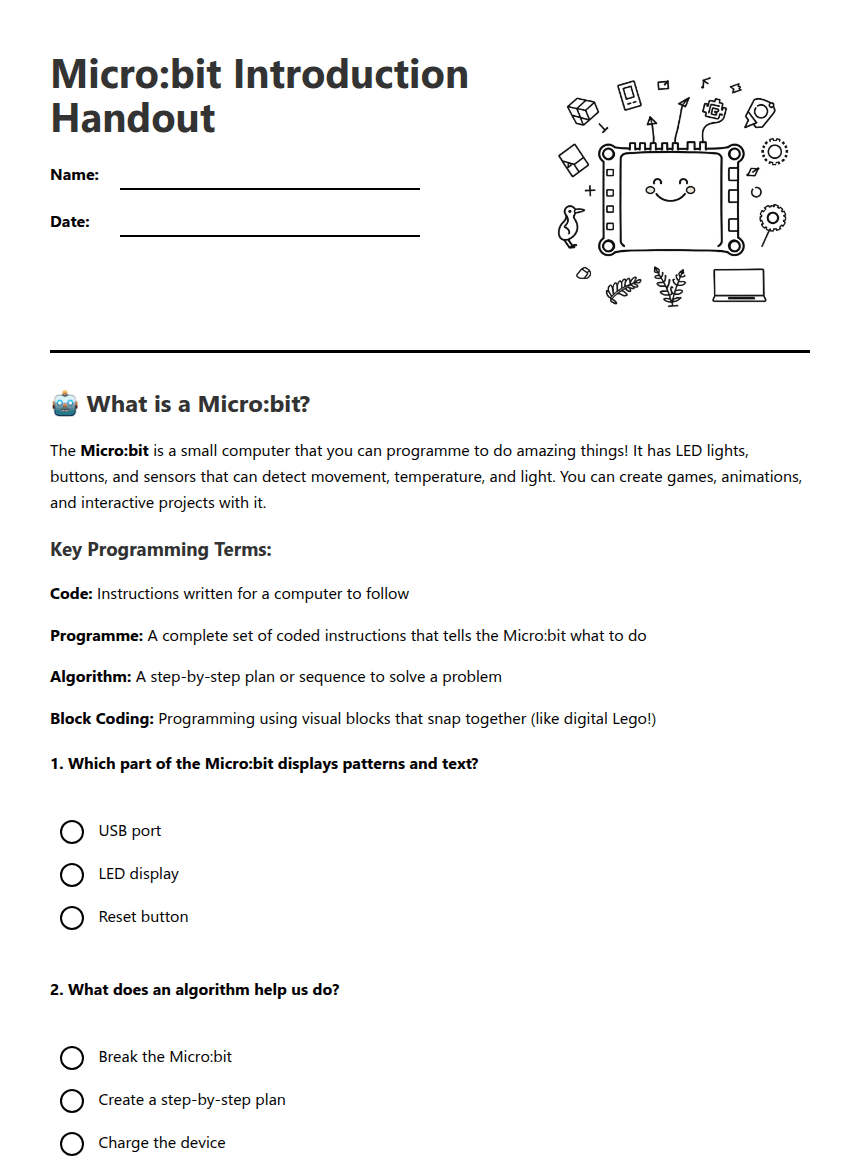 Micro:bit Introduction Handout worksheet preview