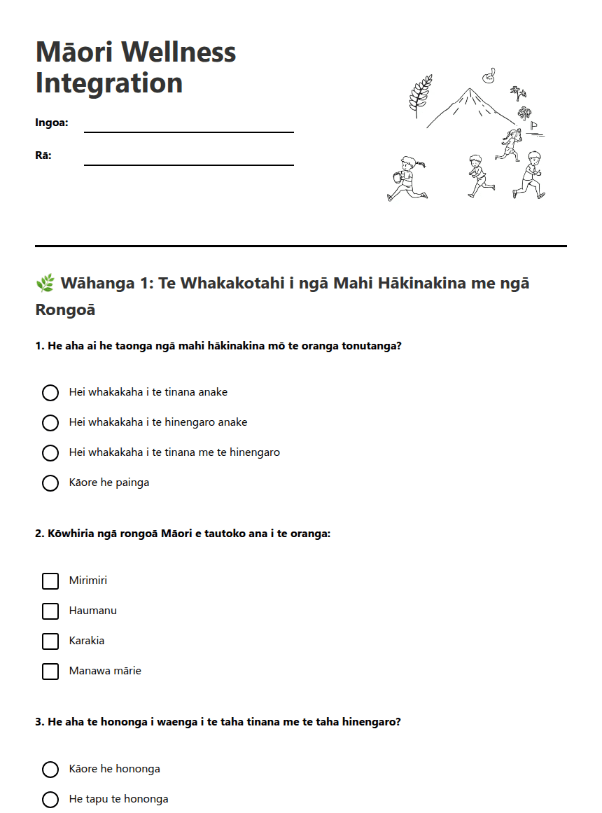 Māori Wellness Integration worksheet preview