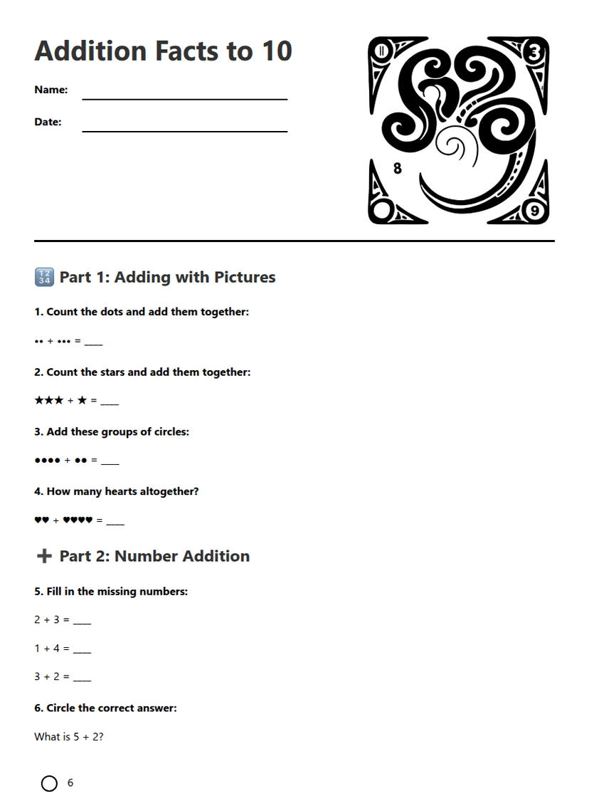 Addition Facts to 10