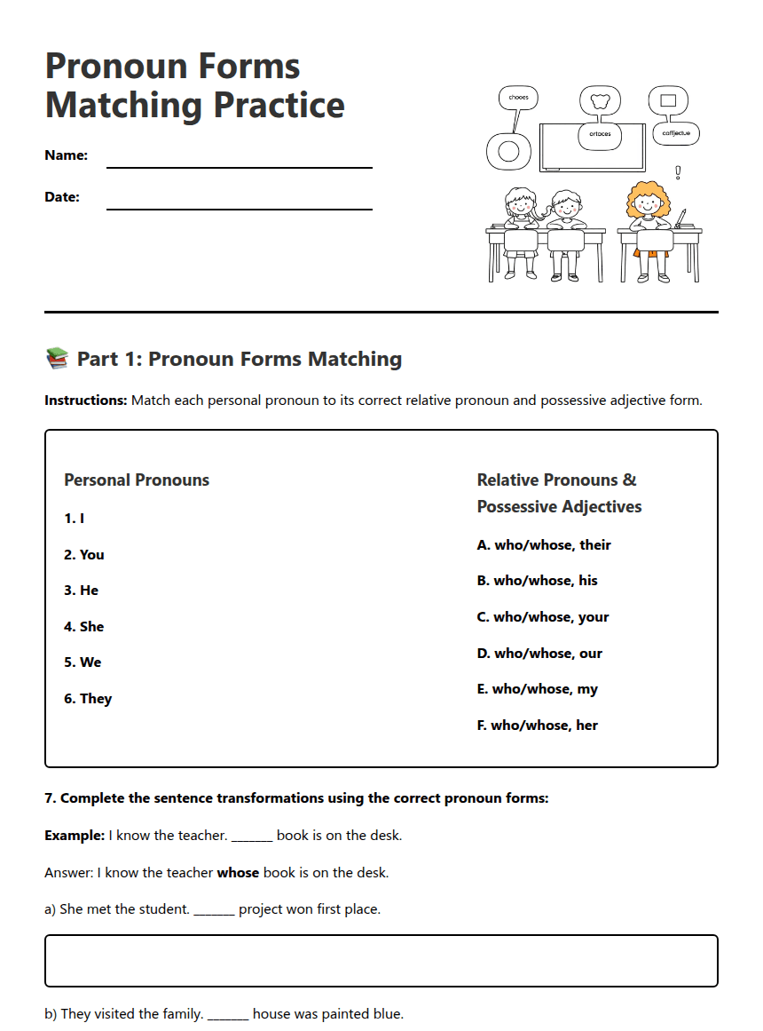 Pronoun Forms Matching Practice worksheet preview