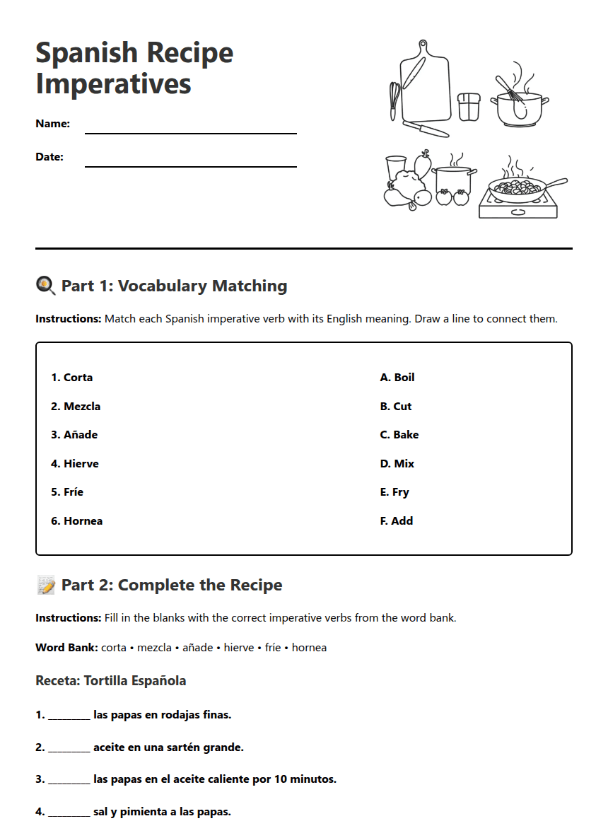 Spanish Recipe Imperatives worksheet preview