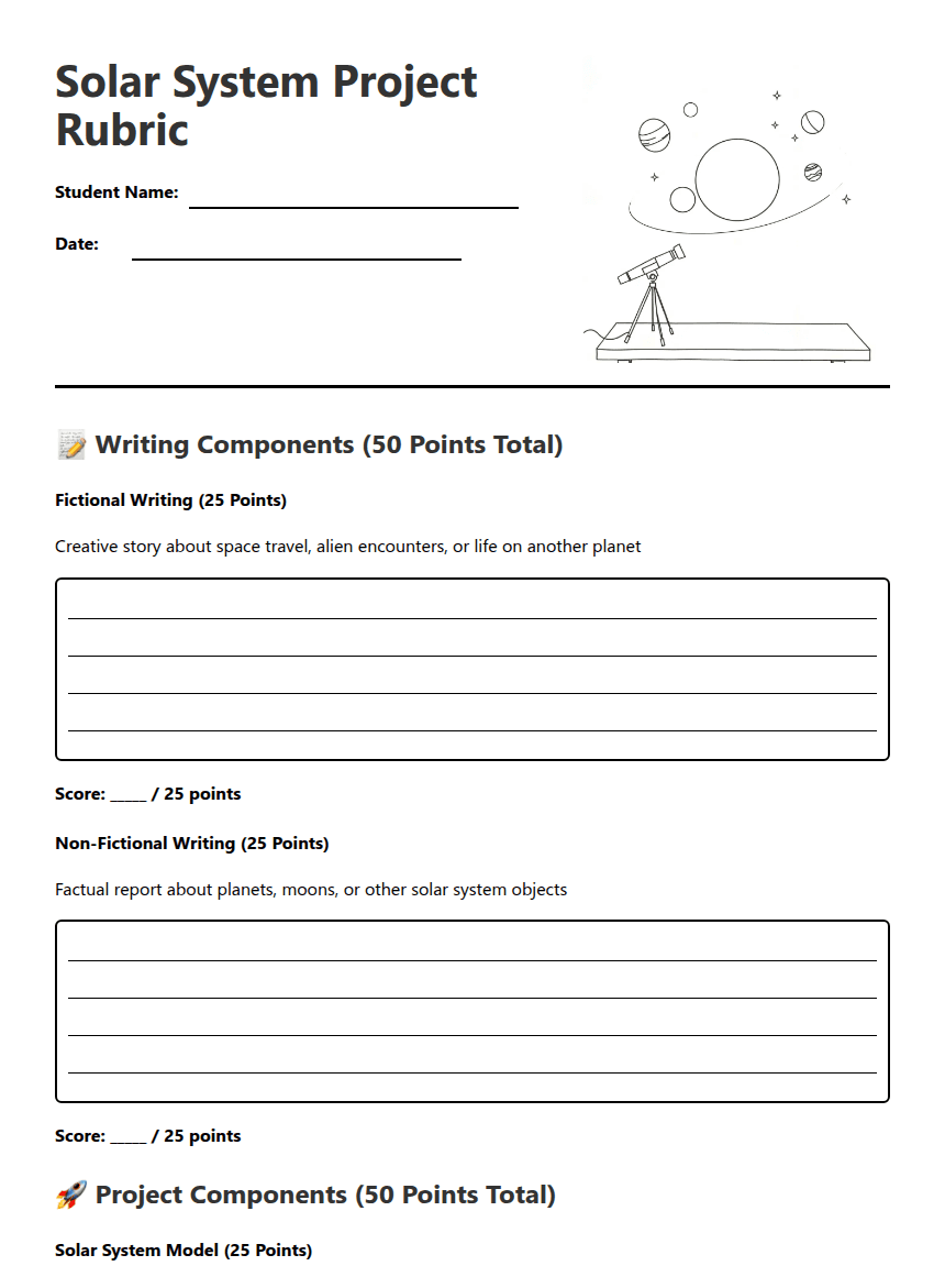 Solar System Project Rubric worksheet preview