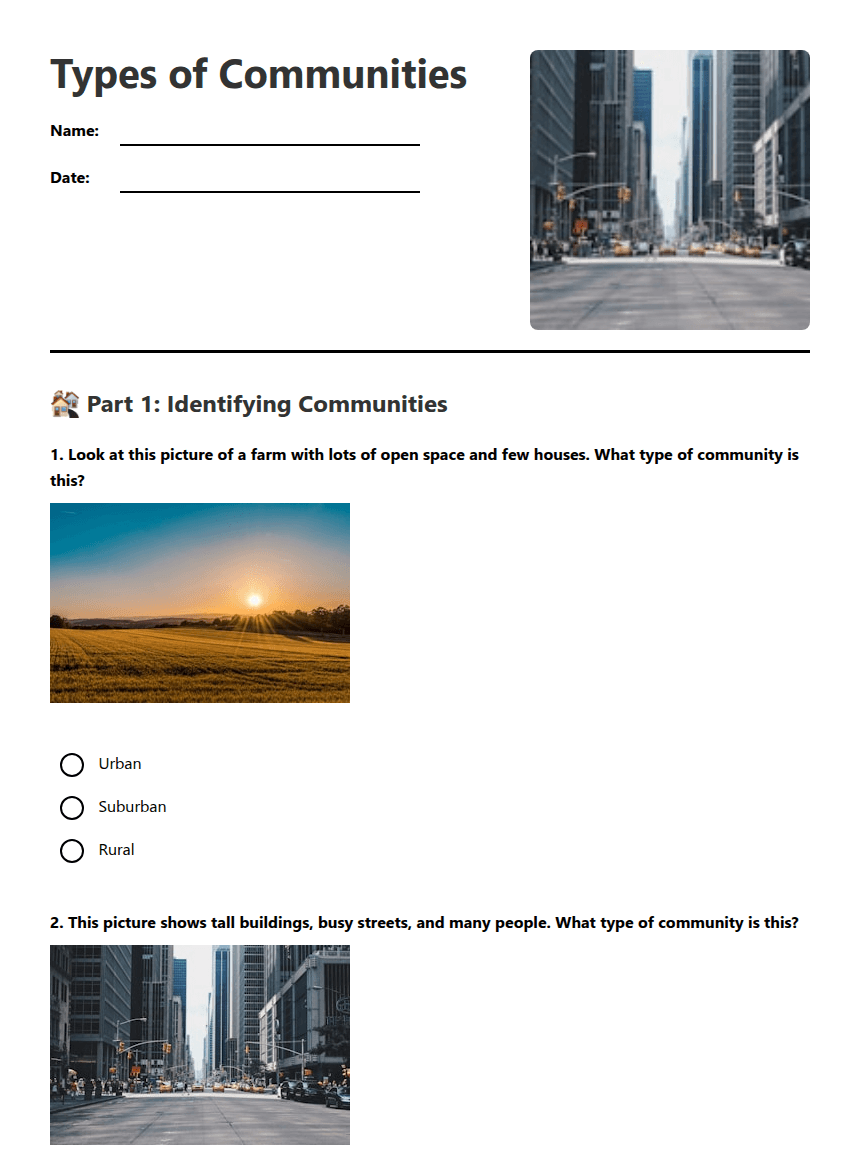 Types of Communities worksheet preview
