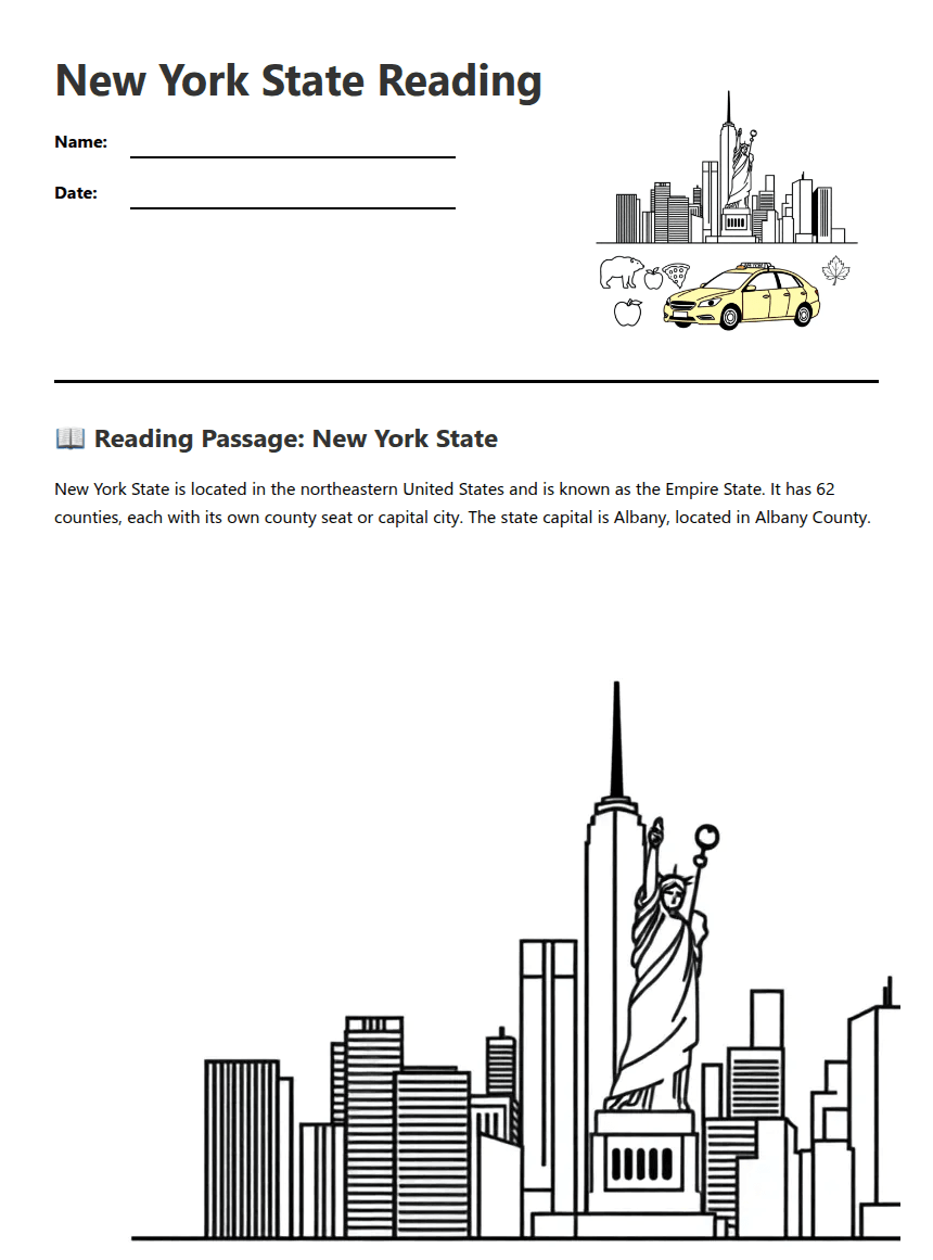 New York State Reading worksheet preview