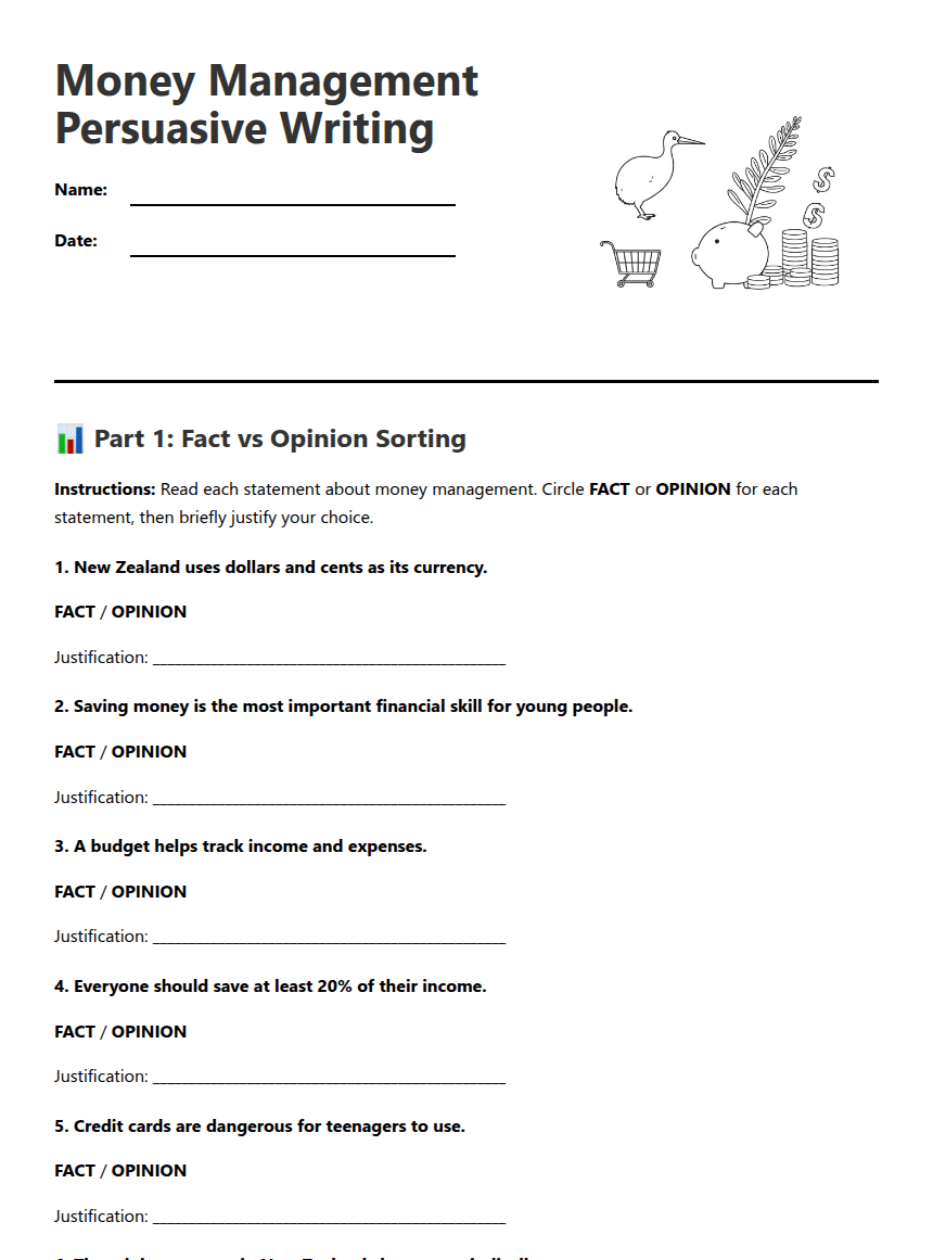 Money Management Persuasive Writing worksheet preview
