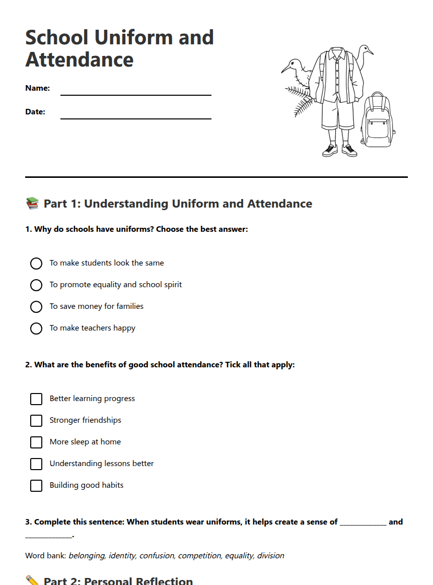 School Uniform and Attendance worksheet preview