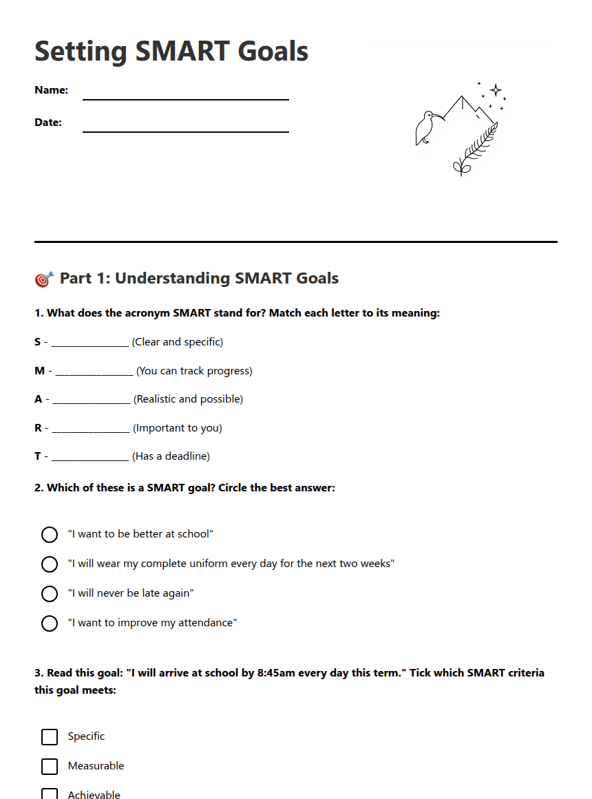 Setting SMART Goals worksheet preview