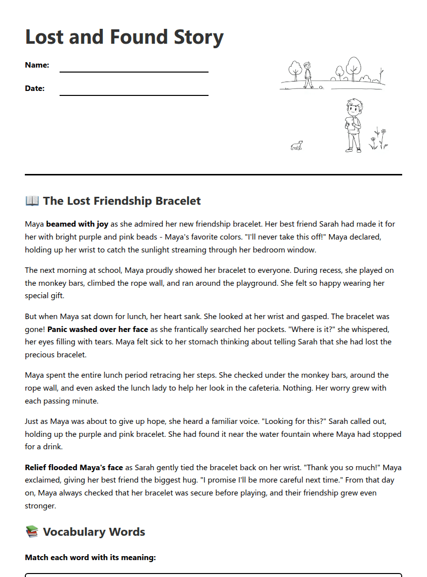 Lost and Found Story worksheet preview
