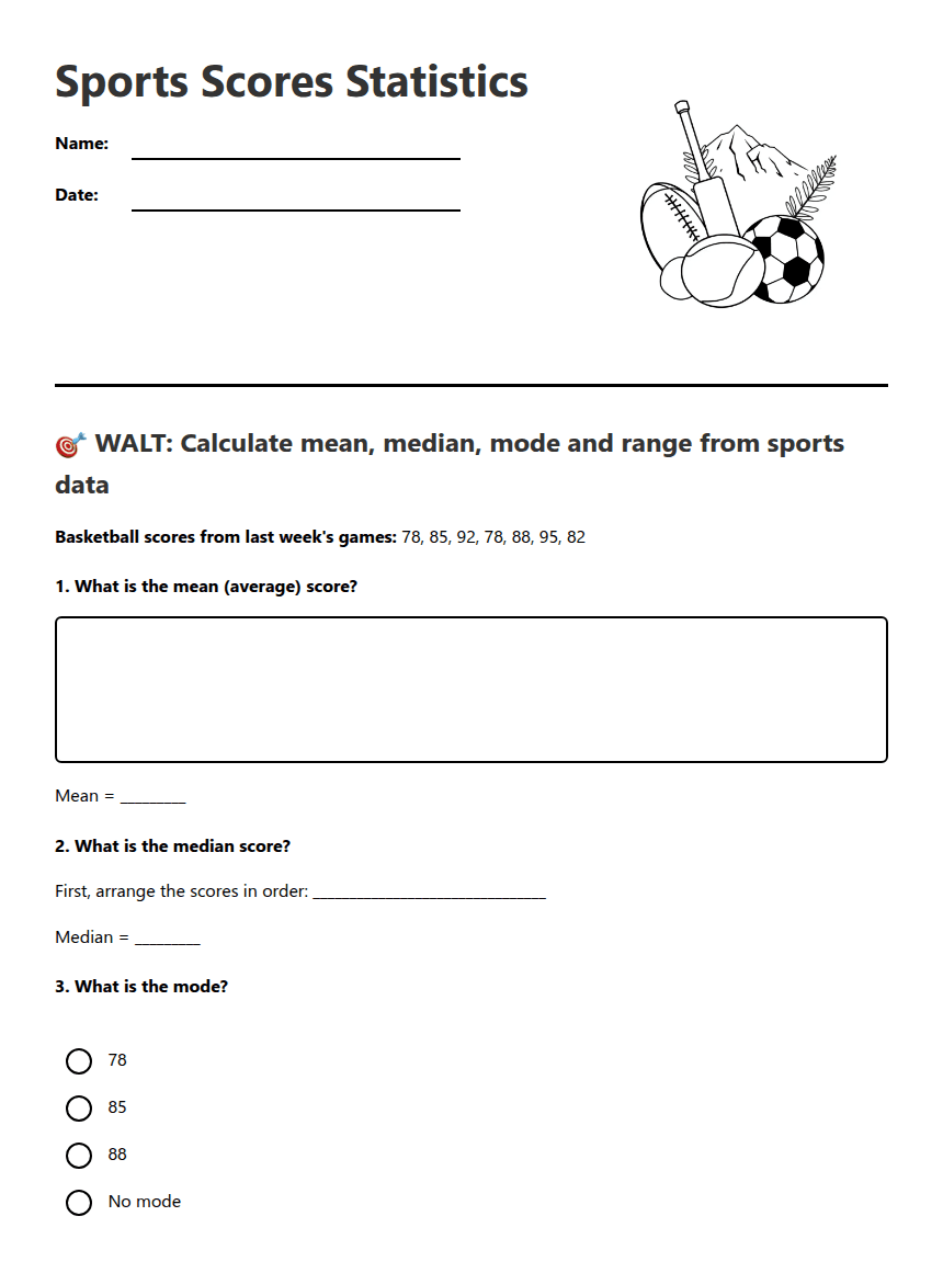 Sports Scores Statistics worksheet preview
