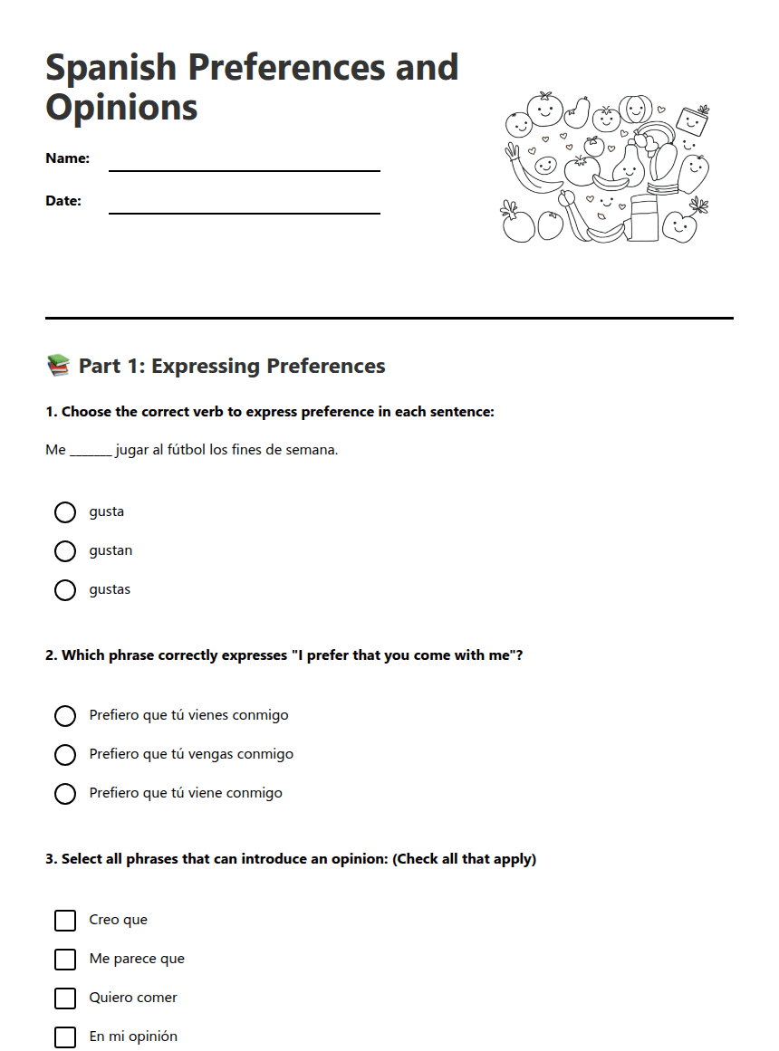 Spanish Preferences and Opinions worksheet preview