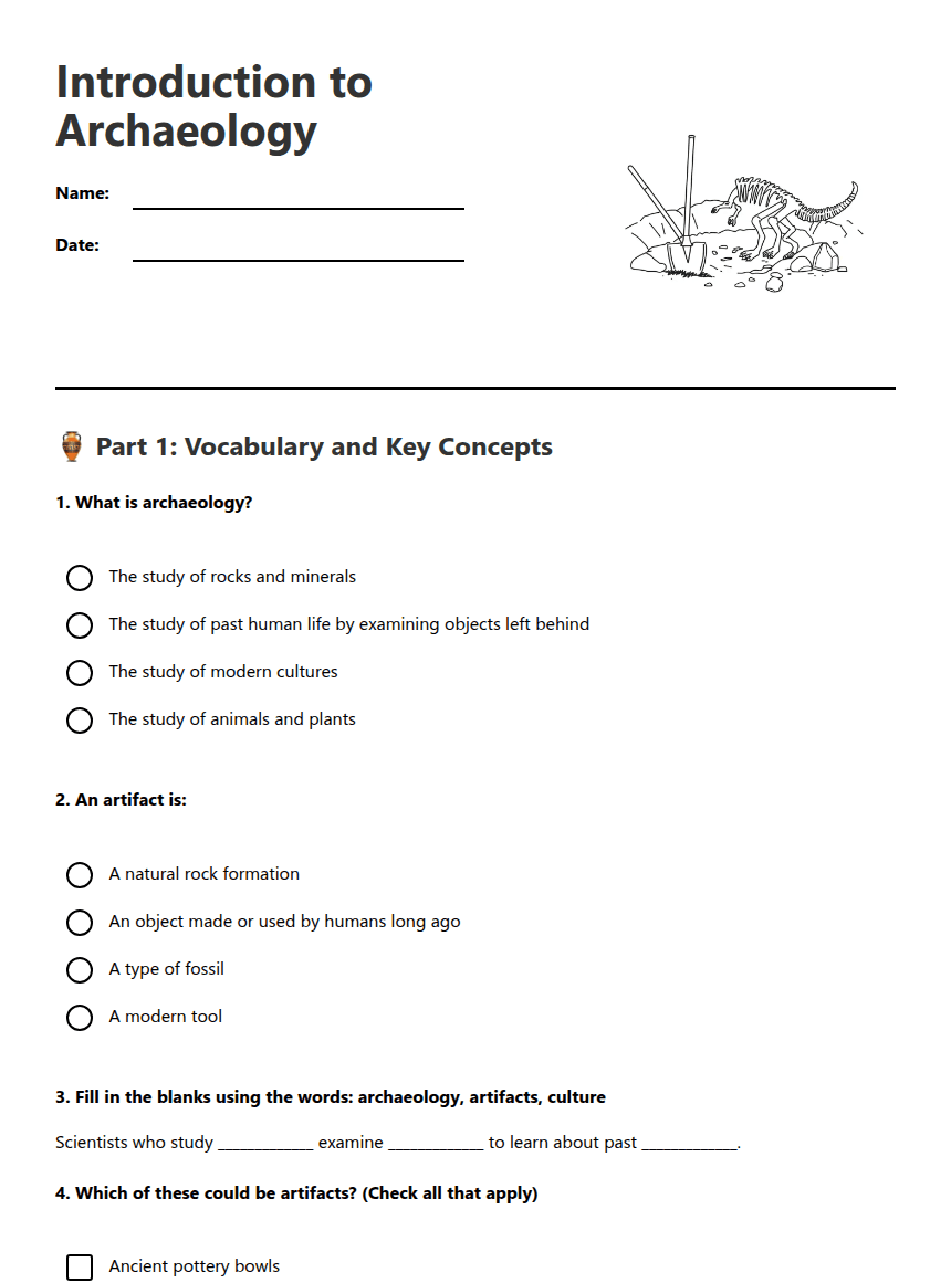 Introduction to Archaeology worksheet preview