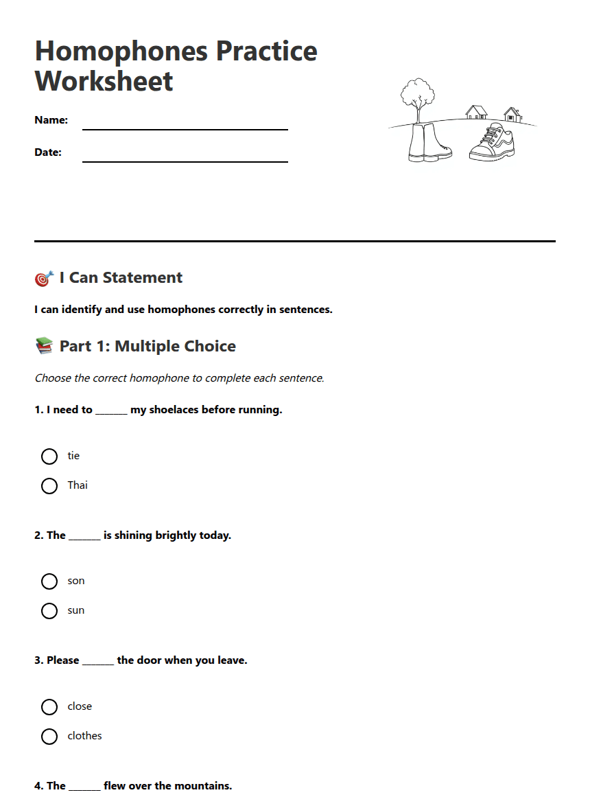 Homophones Practice Worksheet worksheet preview