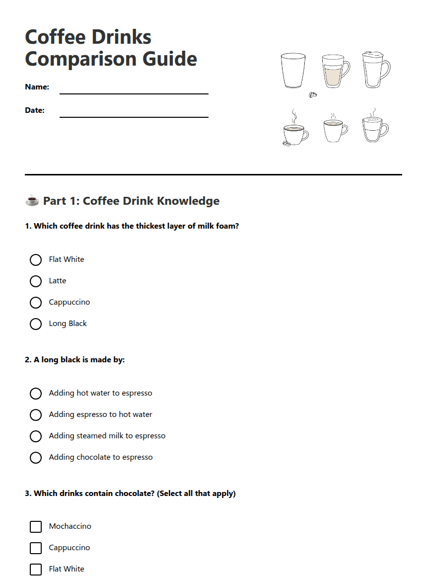 Coffee Drinks Comparison Guide worksheet preview
