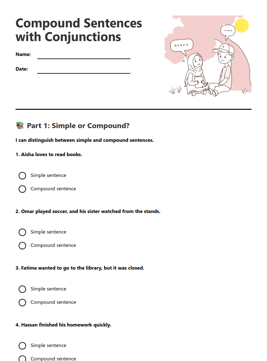 Compound Sentences with Conjunctions worksheet preview