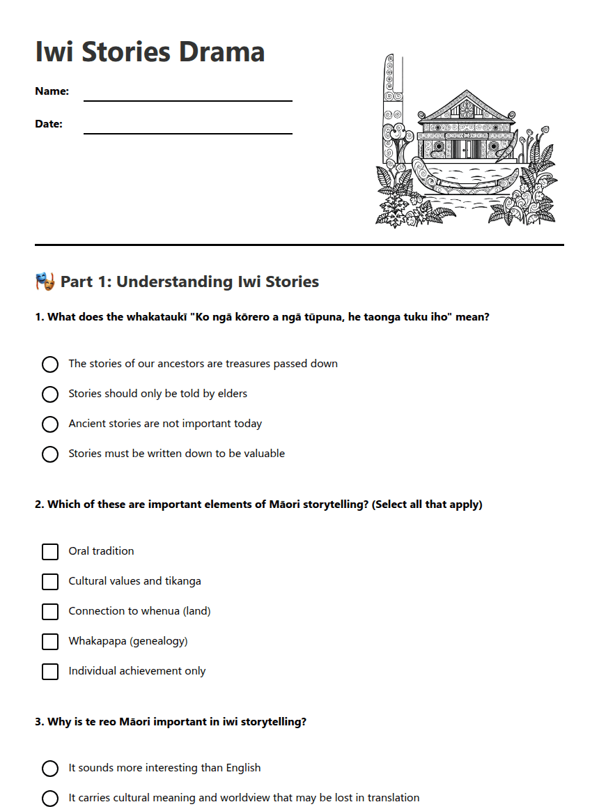 Iwi Stories Drama worksheet preview