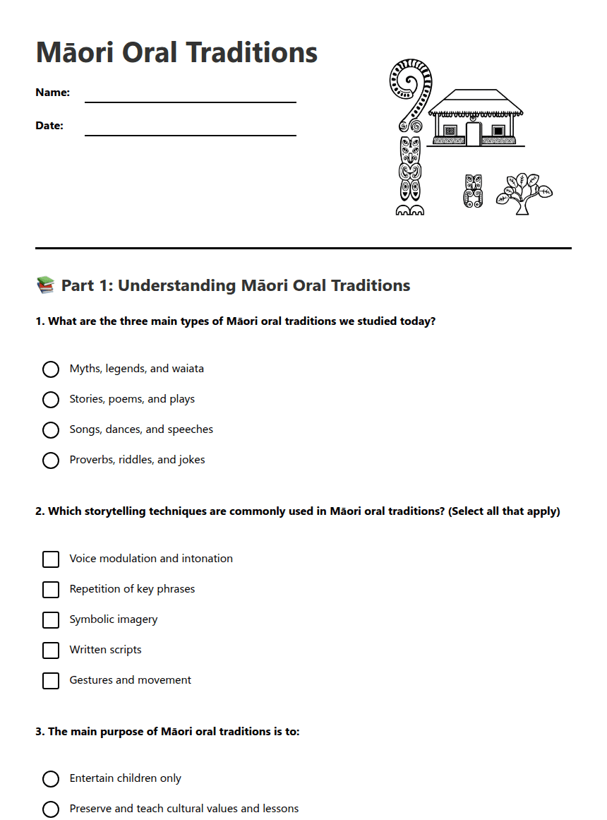 Māori Oral Traditions worksheet preview