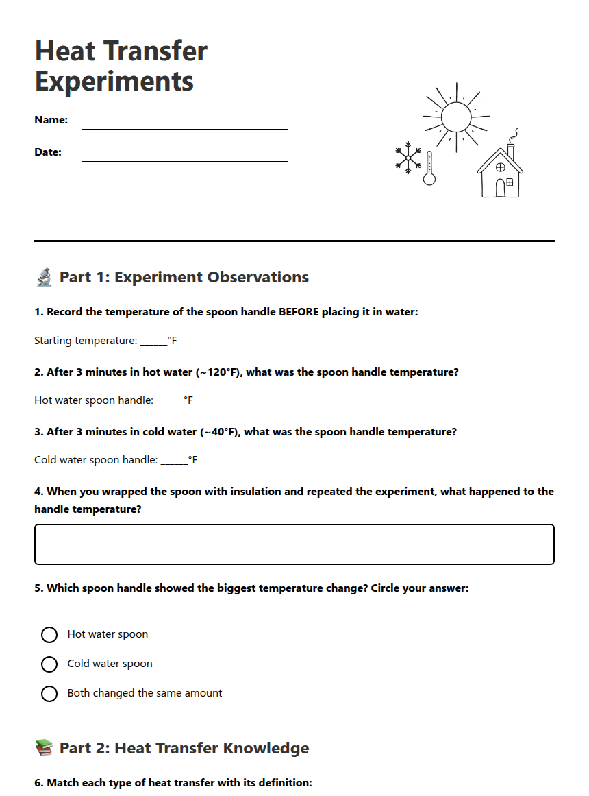 Heat Transfer Experiments worksheet preview
