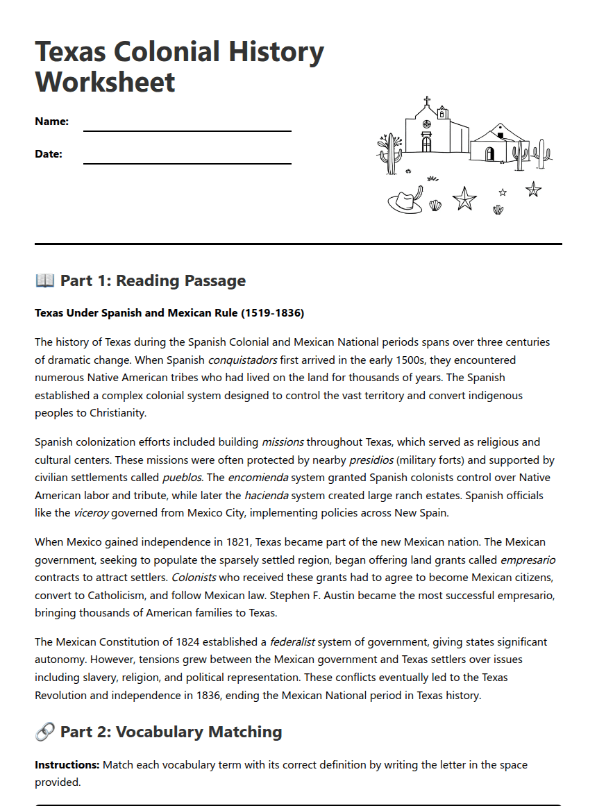 Texas Colonial History Worksheet worksheet preview