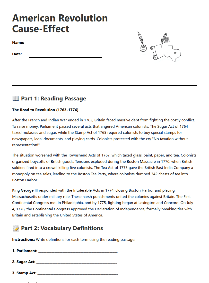 American Revolution Cause-Effect worksheet preview