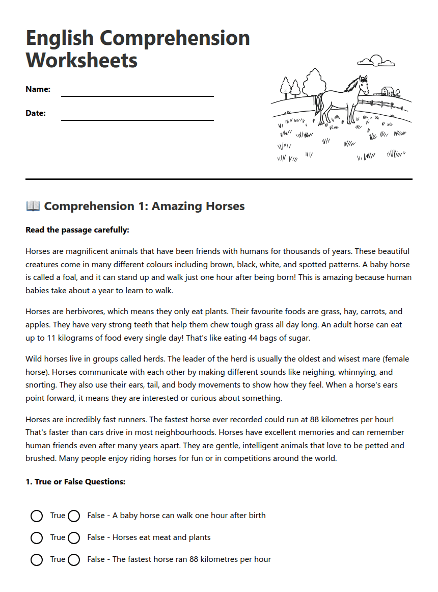 English Comprehension Worksheets worksheet preview