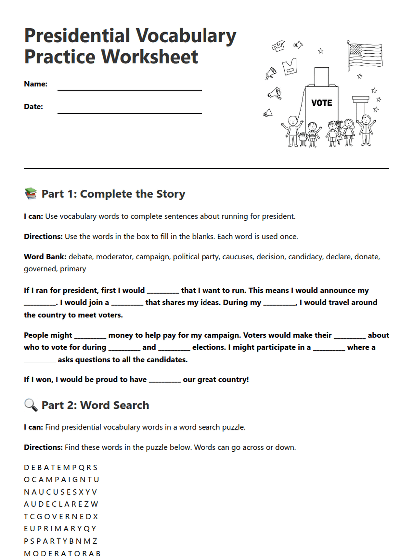 Presidential Vocabulary Practice Worksheet
