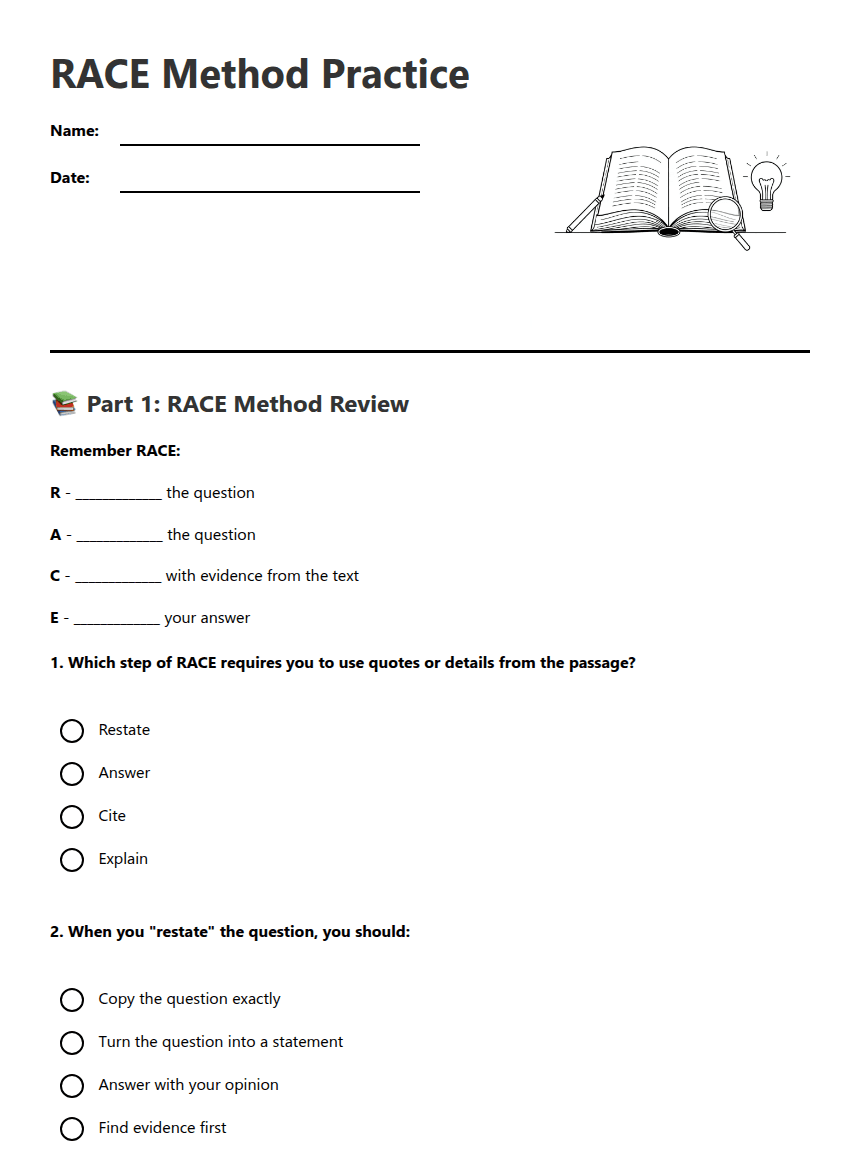 RACE Method Practice worksheet preview
