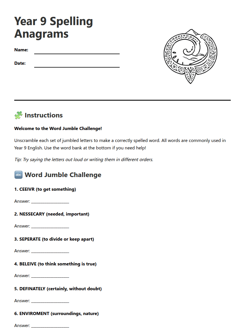 Year 9 Spelling Anagrams worksheet preview