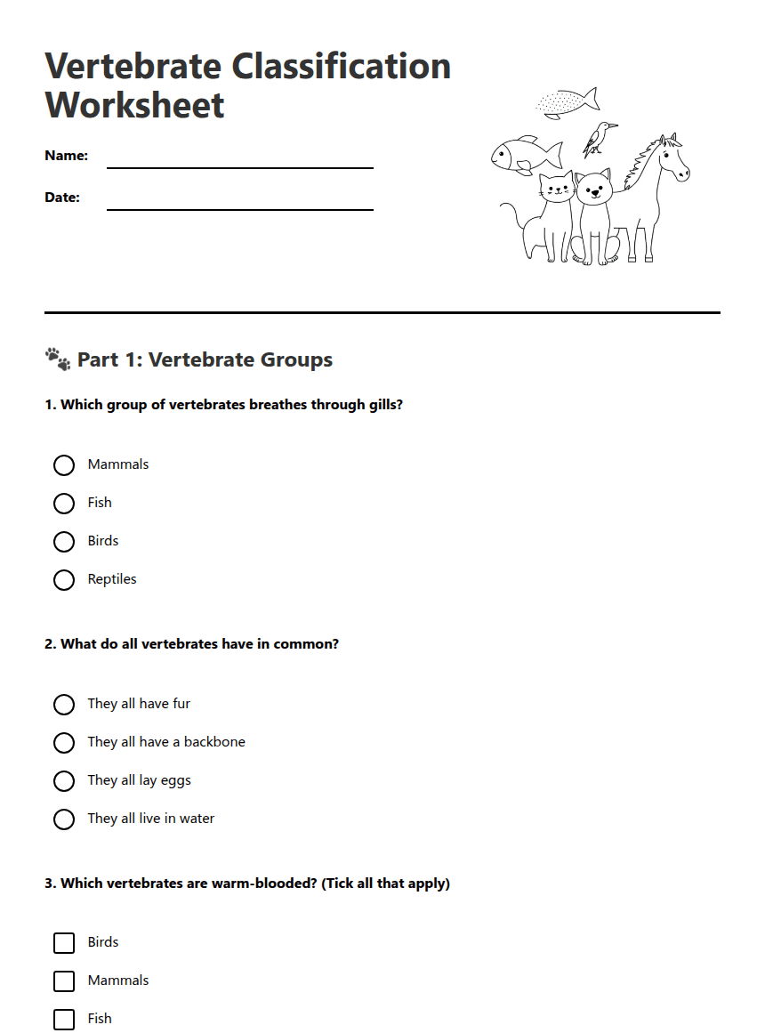 Vertebrate Classification Worksheet worksheet preview