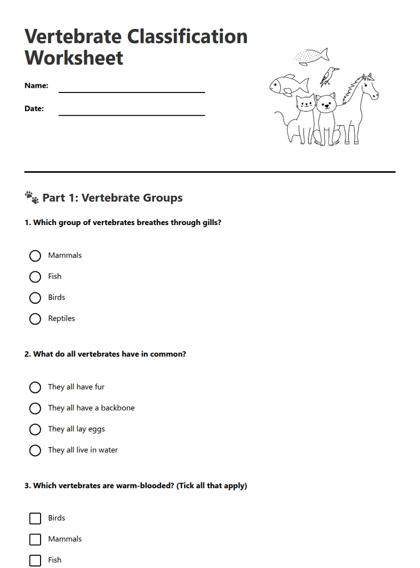 Vertebrate Classification Worksheet