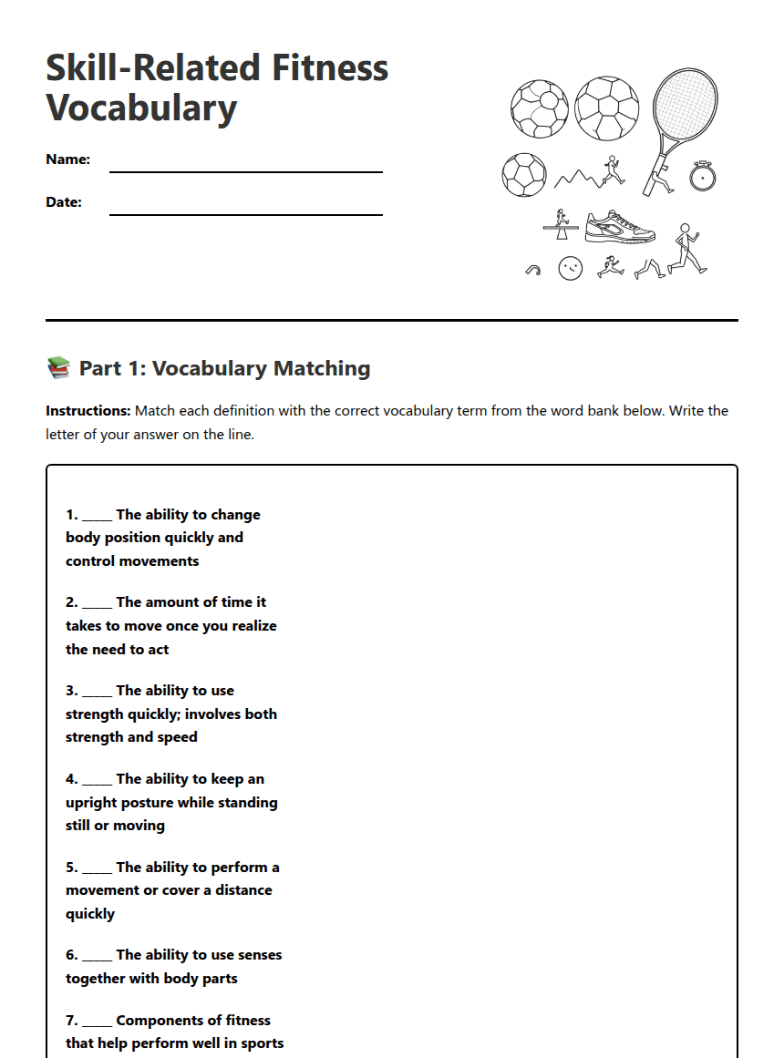 Skill-Related Fitness Vocabulary worksheet preview