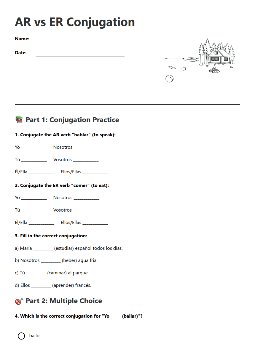 AR vs ER Conjugation worksheet preview
