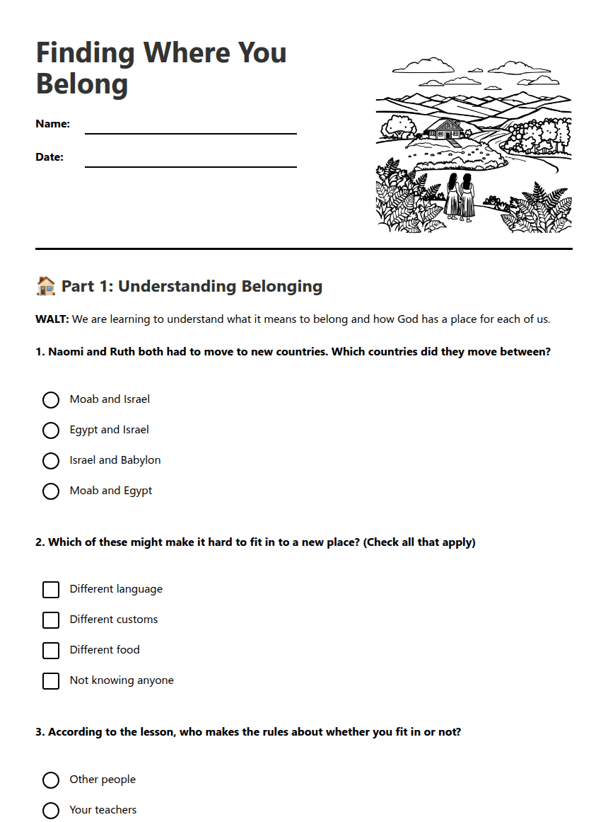 Finding Where You Belong worksheet preview