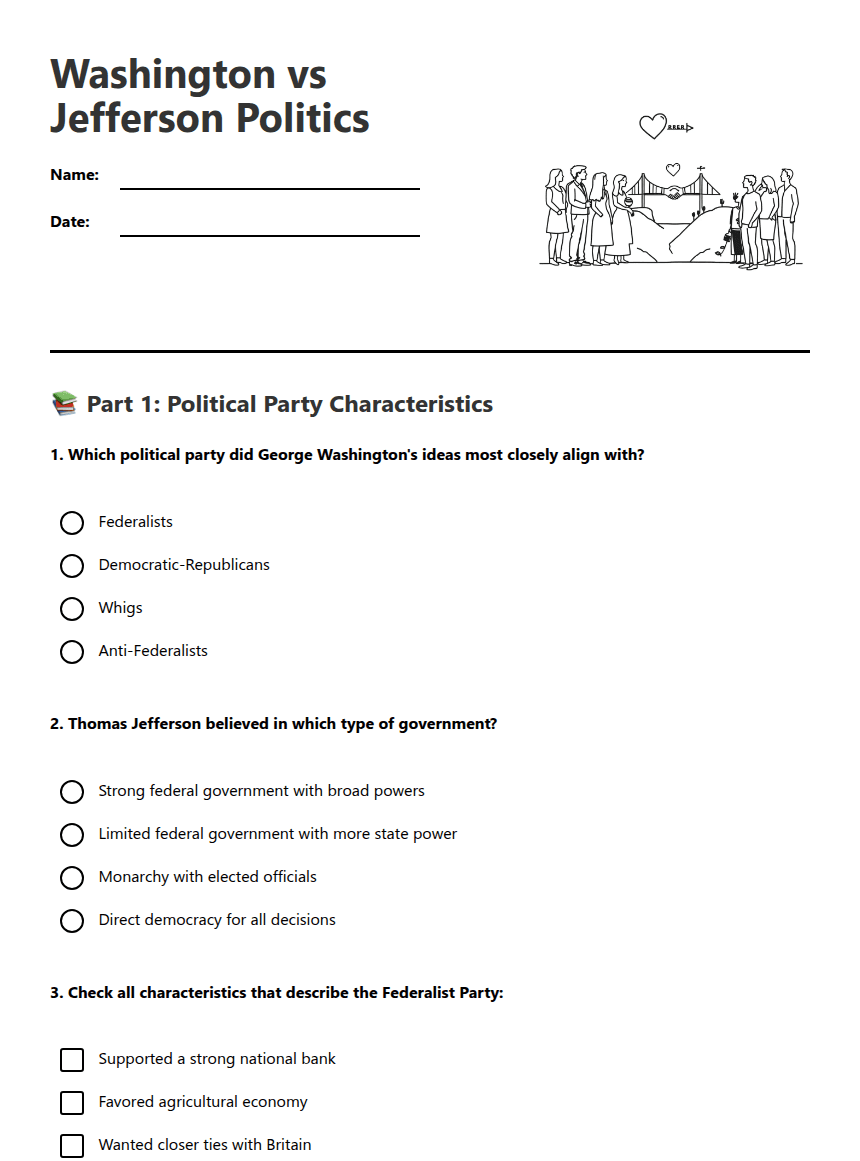 Washington vs Jefferson Politics worksheet preview