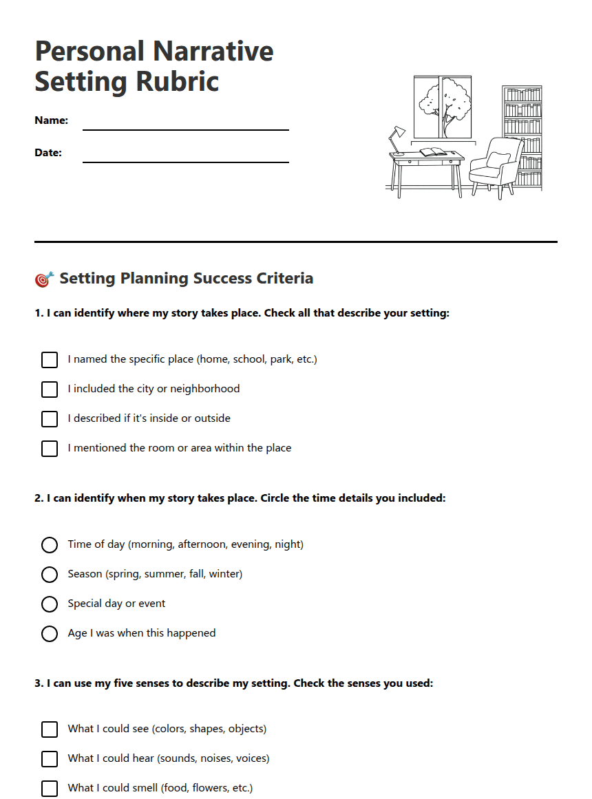 Personal Narrative Setting Rubric worksheet preview