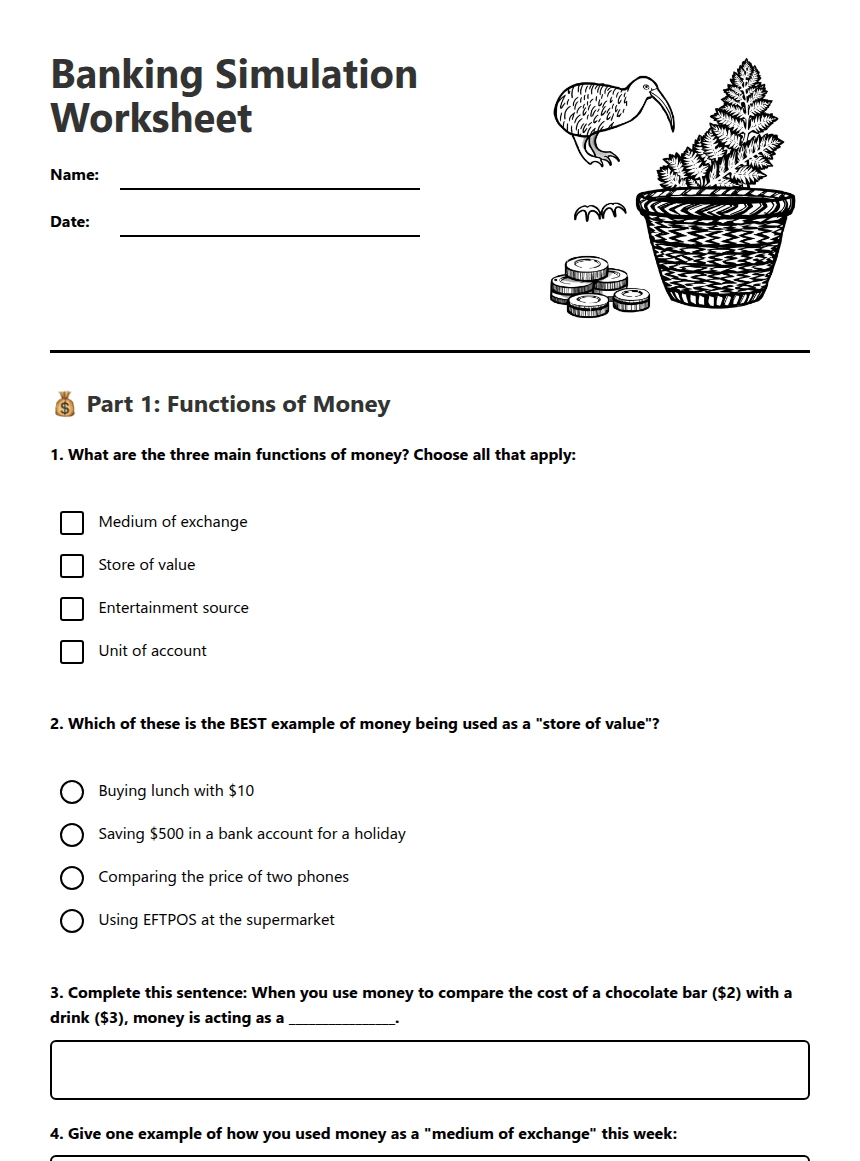 Banking Simulation Worksheet worksheet preview