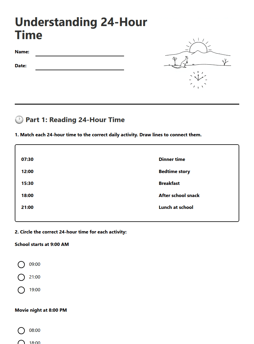 Understanding 24-Hour Time worksheet preview