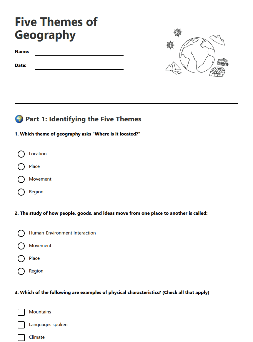 Five Themes of Geography worksheet preview