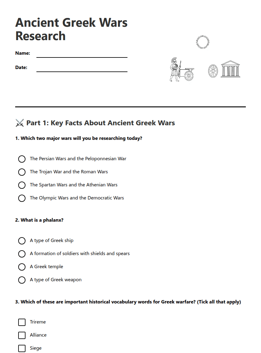 Ancient Greek Wars Research worksheet preview