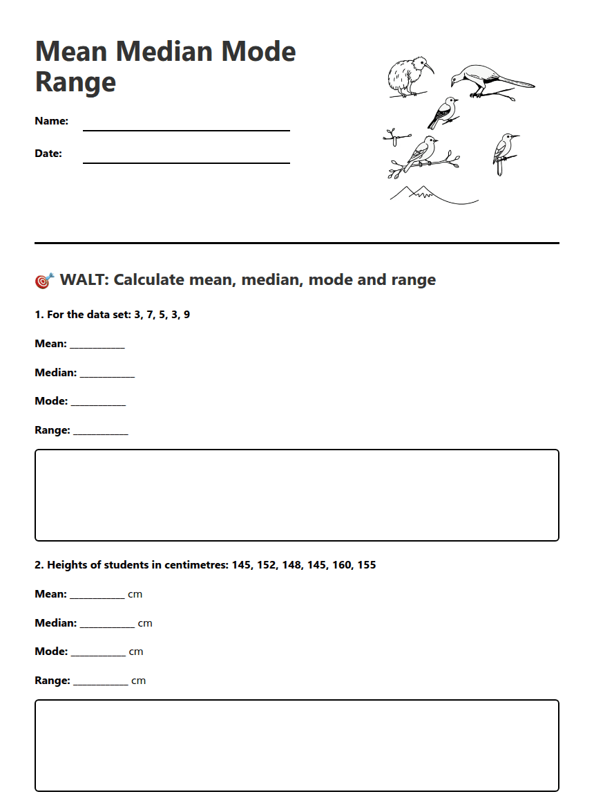 Mean Median Mode Range worksheet preview