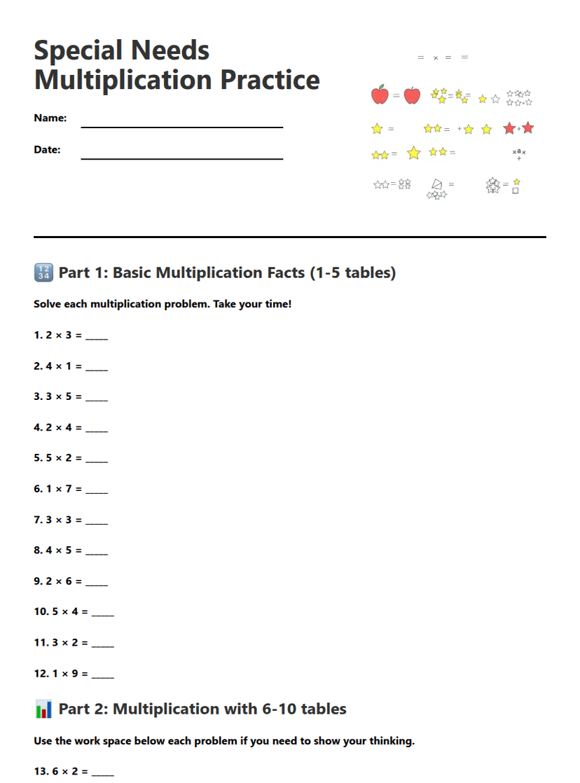 Special Needs Multiplication Practice