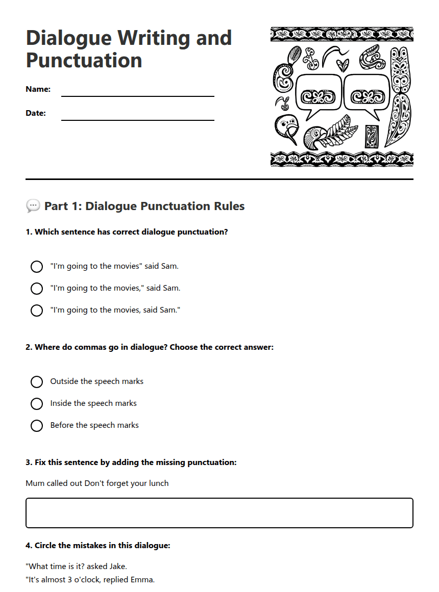 Dialogue Writing and Punctuation worksheet preview