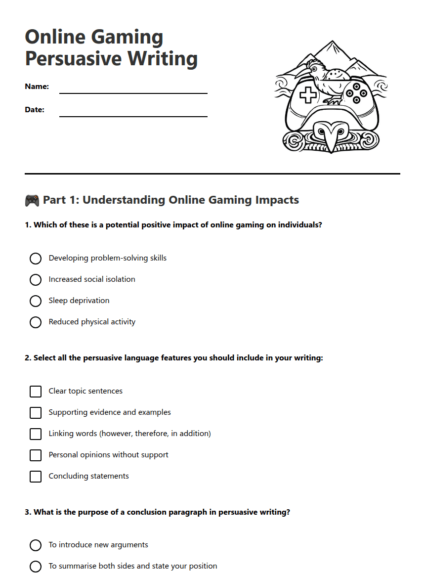 Online Gaming Persuasive Writing worksheet preview