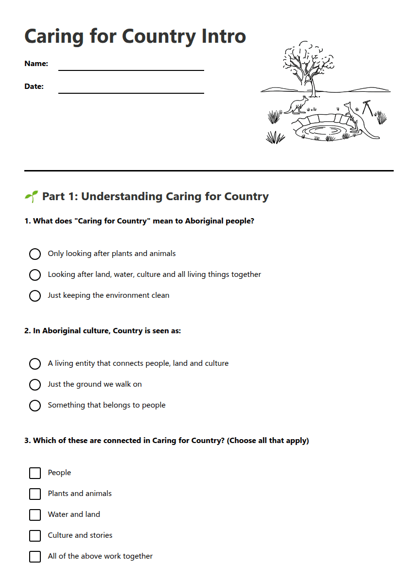 Caring for Country Intro worksheet preview