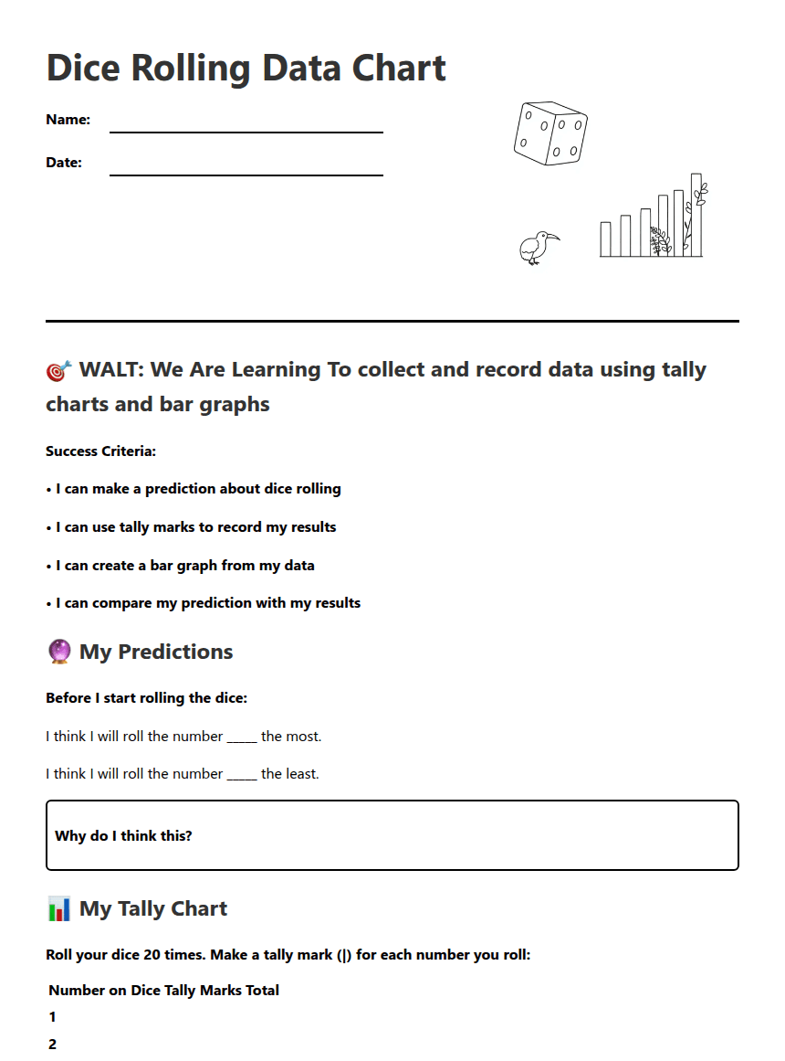 Dice Rolling Data Chart worksheet preview