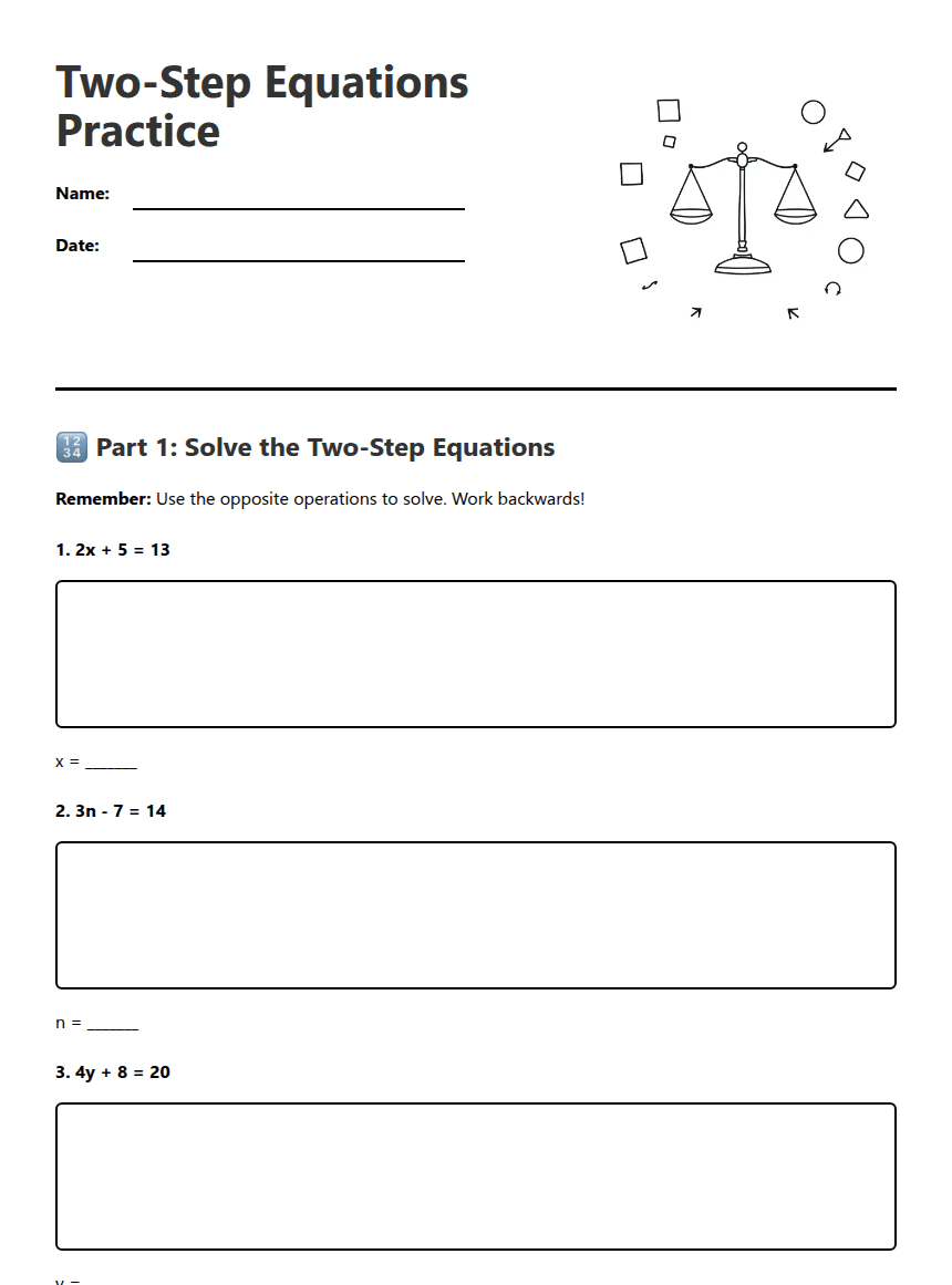 Two-Step Equations Practice worksheet preview