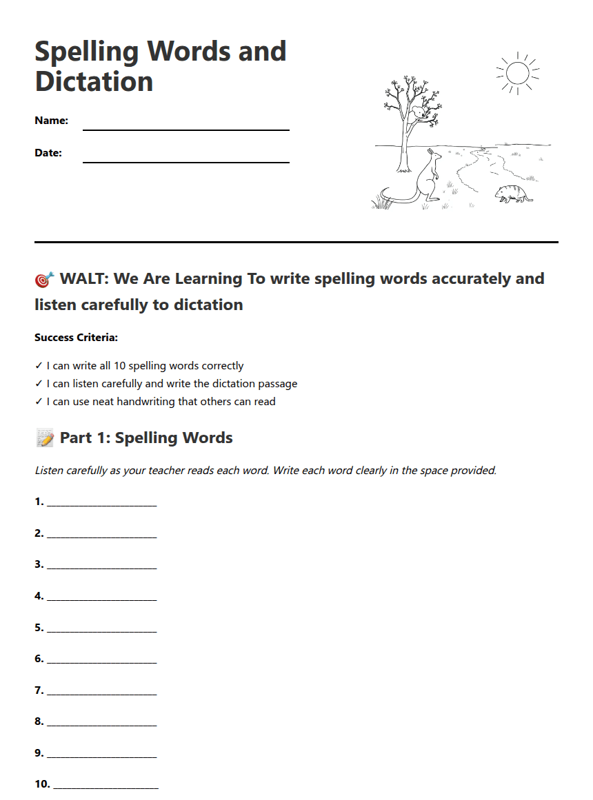 Spelling Words and Dictation worksheet preview
