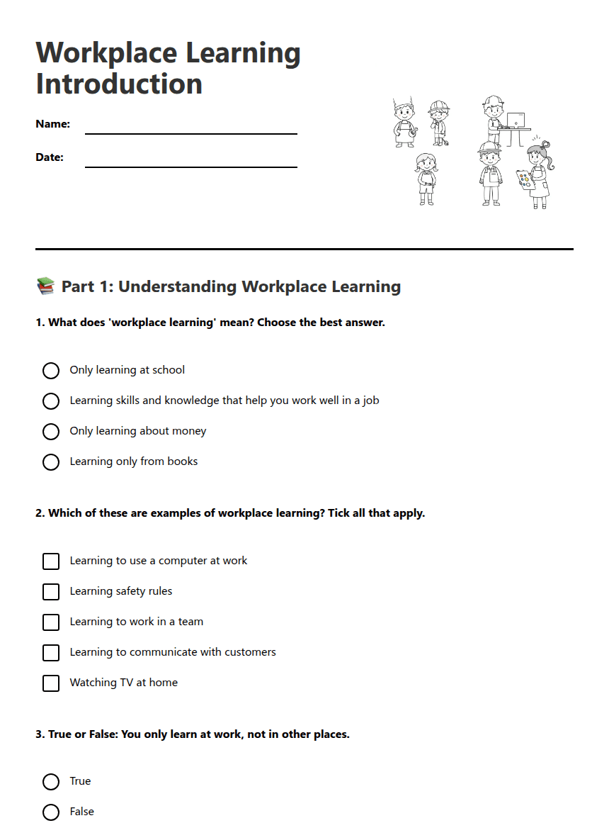 Workplace Learning Introduction worksheet preview