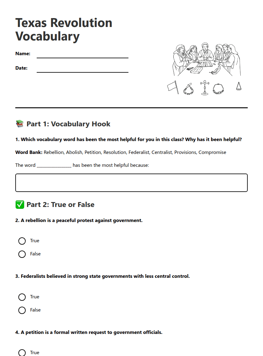 Texas Revolution Vocabulary worksheet preview