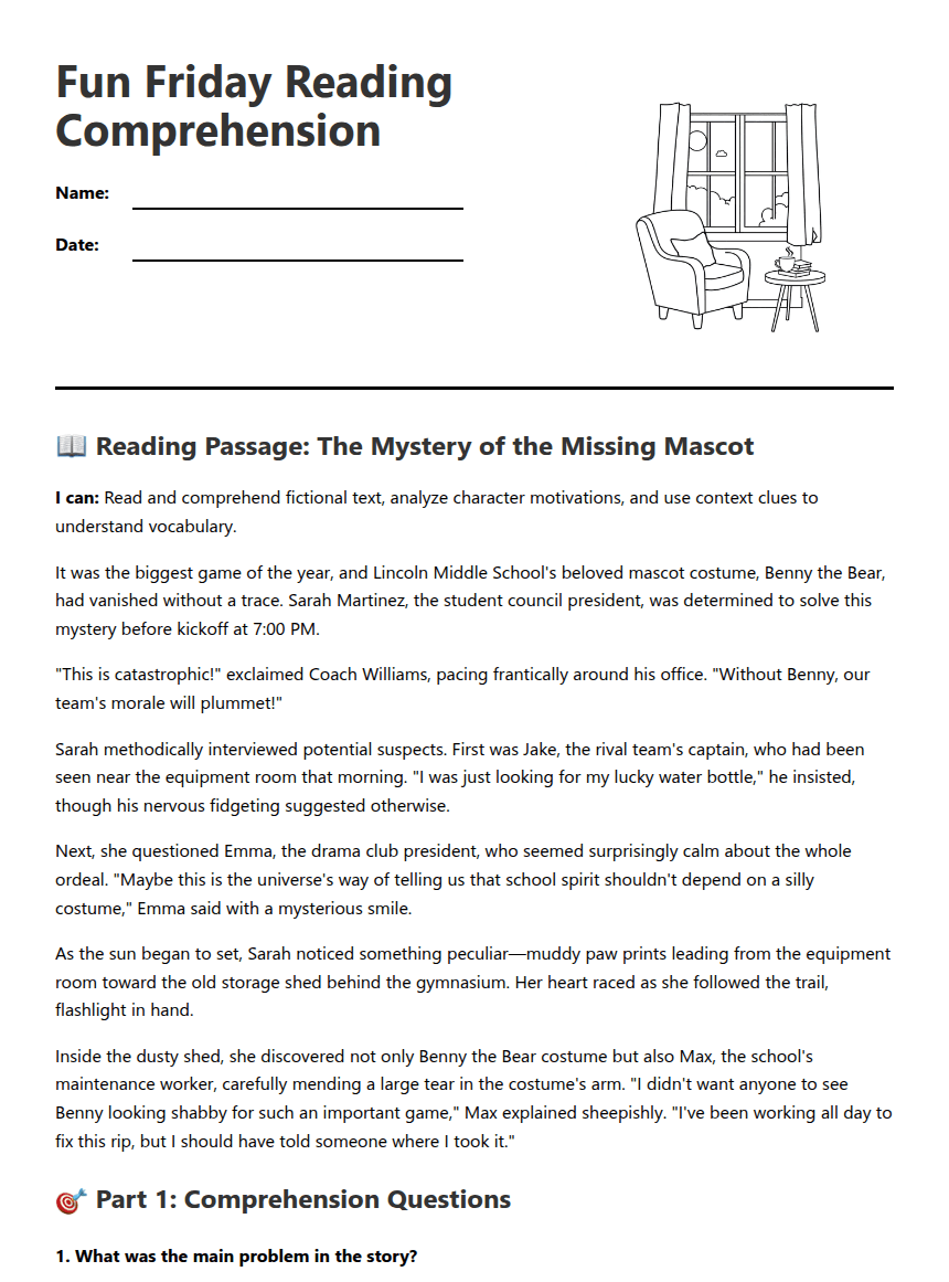 Fun Friday Reading Comprehension worksheet preview