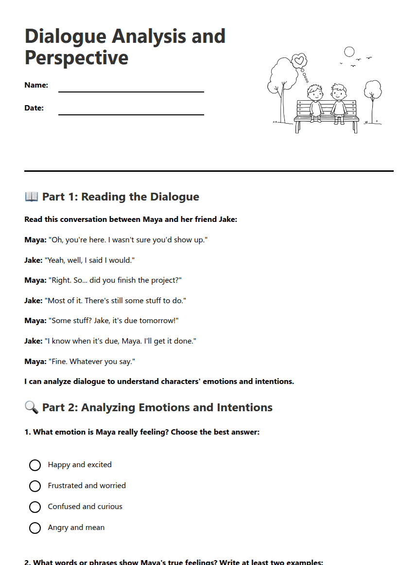 Dialogue Analysis and Perspective worksheet preview